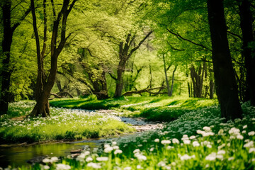 Fototapeta premium A lush green forest with a small creek and blooming white flowers.