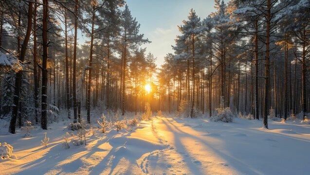 Panoramic photo of morning light in a winter forest