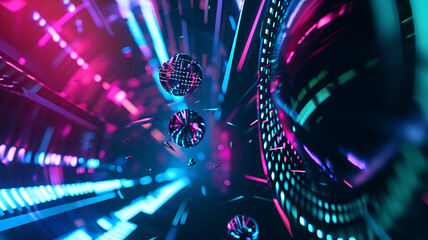 Fototapeta premium Abstract colorful neon glowing light tunnel art background. Speed light illuminated Curvy moving line shape. 3D render