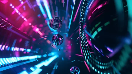 Tuinposter Abstract colorful neon glowing light tunnel art background. Speed light illuminated Curvy moving line shape. 3D render © Irfan Hameed