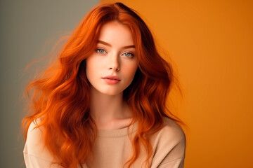 A young woman with bright red hair and a neutral backdrop gives a soft, engaging look.