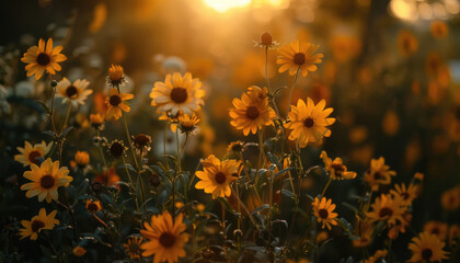 Photo of flowers in the field during golden hour, flowers during golden hour, golden hour field
