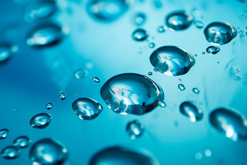 Close-up of fresh blue water droplets, symbolizing purity and cleanliness.
