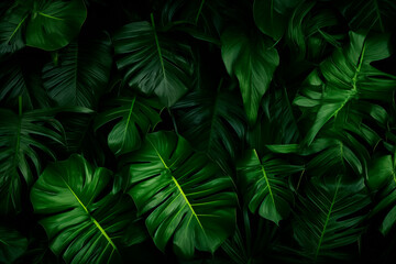 Dense tropical monstera leaves creating a lush green pattern. - obrazy, fototapety, plakaty