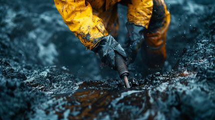 Worker in Protective Gear Cleaning Oil Spill