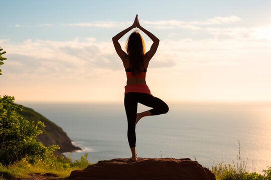 A woman practices yoga at sunset on a cliff overlooking the ocean, her silhouette in harmony with the tranquil surroundings.



