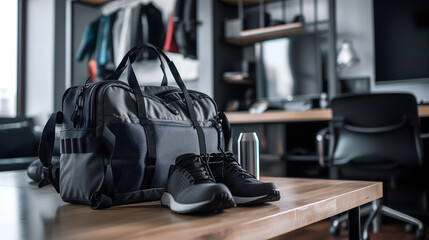 Un sac avec des chaussures de sport posés sur un bureau.
