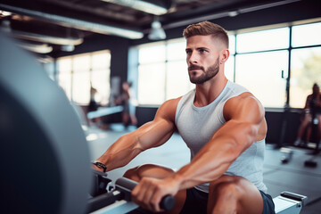 Fototapeta na wymiar A focused male with defined muscles exercises on a rowing machine in a gym, sporting a grey tank top, surrounded by fitness equipment.