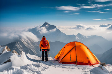 A climber beside an orange tent at sunrise in a snowy mountainous landscape, embodying adventure and solitude.