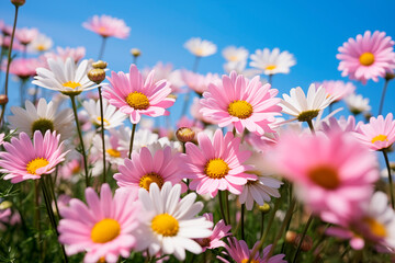 A field of pink daisies under bright sunshine, representing springtime bloom and natural beauty.
