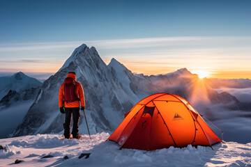 A climber beside an orange tent at sunrise in a snowy mountainous landscape, embodying adventure and solitude. - obrazy, fototapety, plakaty