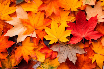 A vibrant carpet of multicolored autumn maple leaves, symbolizing the change of seasons.