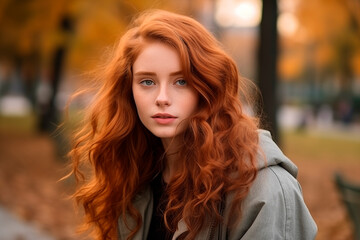 A portrait of a woman with red hair and a grey coat in an autumn setting.