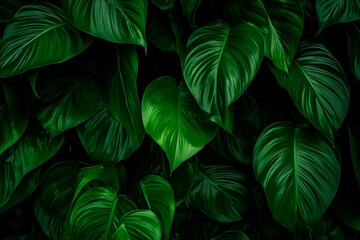 Lush green tropical leaves with water droplets, dark background.