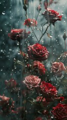 a group of roses with water drops