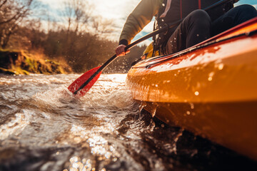 Close-up of a kayak paddle on a river, hinting at an adventurous journey ahead.