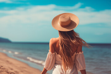 Woman in a summer hat gazing at the sea on a sunny beach.