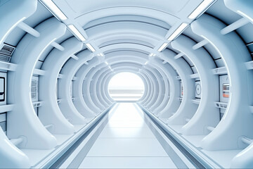 Fototapeta premium A futuristic corridor with sleek design, illuminated by natural light, evoking modern technology.