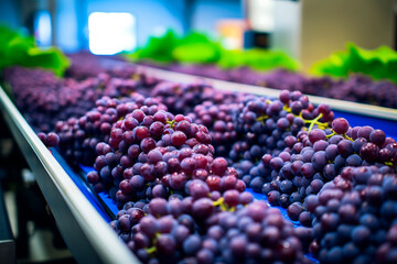 Freshly harvested grapes on a conveyor for sorting and processing in a winery setting.