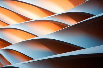 Wavy architectural patterns with orange highlights, showcasing modern design and fluidity.