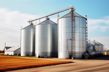 Obraz premium Large metal grain silos on a farm, representing agricultural storage and industrial farming infrastructure.