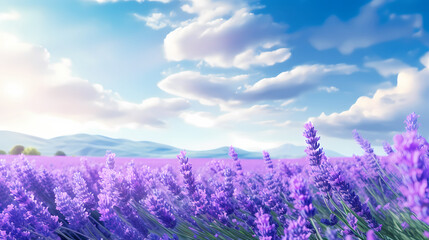 Obraz premium Close-up of colorful blooming lavender fields in front of cloudy blue sky