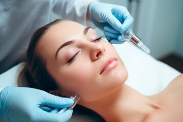 Aesthetician applying treatment to woman's face, symbolizing skincare and beauty therapy.