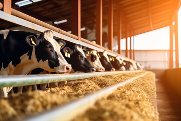 Dairy cows feeding in a sunlit barn, a typical scene in livestock farming.