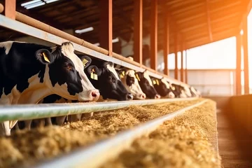 Keuken spatwand met foto Dairy cows feeding in a sunlit barn, a typical scene in livestock farming. © EricMiguel