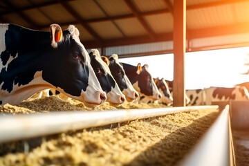 Dairy cows feeding in a sunlit barn, a typical scene in livestock farming. - obrazy, fototapety, plakaty