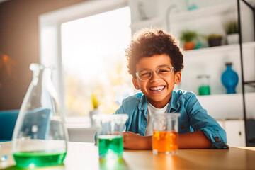 A joyful child with glasses conducting a colorful science experiment, representing fun and educational learning. - obrazy, fototapety, plakaty