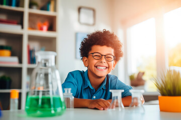 A joyful child with glasses conducting a colorful science experiment, representing fun and educational learning. - obrazy, fototapety, plakaty