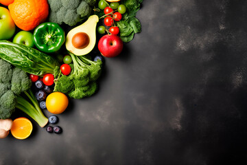 Assortment of fresh vegetables and fruits on a dark surface, symbolizing healthy nutrition.