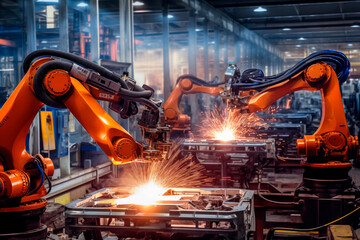 Industrial robots welding with sparks, depicting advanced manufacturing automation. - obrazy, fototapety, plakaty