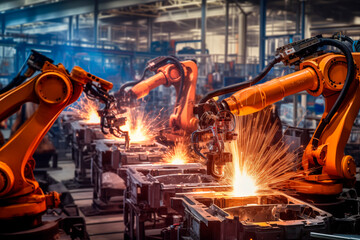 Industrial robots welding with sparks, depicting advanced manufacturing automation.