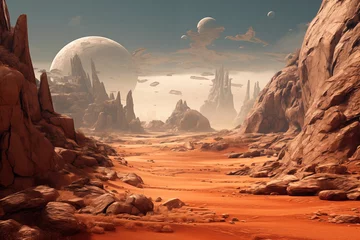 Poster Im Rahmen Sci-fi desert landscape with alien formations and multiple planets above. © EricMiguel