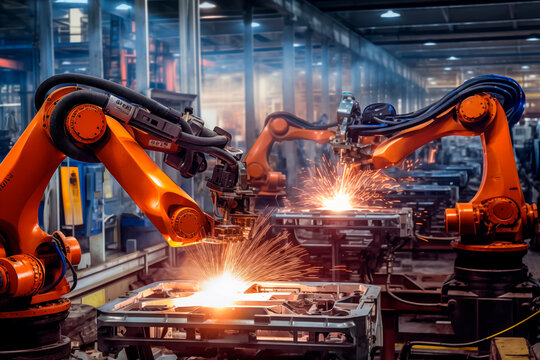 Industrial robots welding with sparks, depicting advanced manufacturing automation.