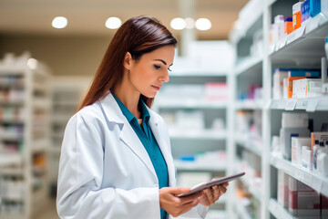 A focused female pharmacist in a lab coat uses a tablet to manage medications in a pharmacy.