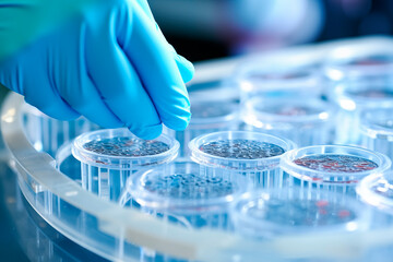 Close-up of petri dishes in a scientific lab setting with a blue hue, suggesting medical research.