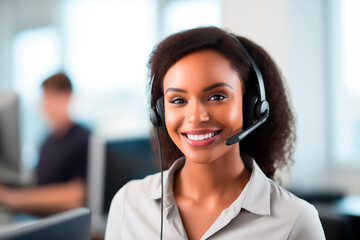 A friendly customer service agent with a headset smiles brightly, representing professional assistance and support.