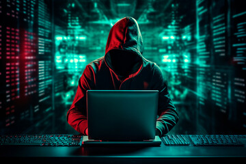 A mysterious figure in a hoodie hacks into a computer in a dark room, representing cybersecurity...