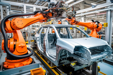 Robotic arms engaged in the automated assembly of a car body, demonstrating advanced manufacturing technology.