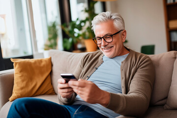 A cheerful senior man comfortably using a smartphone at home, smiling and enjoying modern technology. - obrazy, fototapety, plakaty