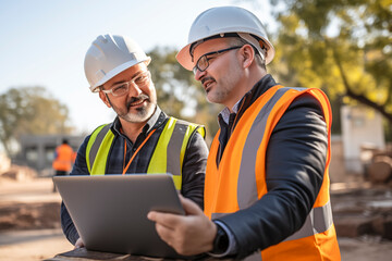 Two construction managers in safety gear discuss plans on a tablet at a construction site, emphasizing teamwork and planning.