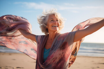 A joyful senior woman with a flowing scarf on a sunny beach. - Powered by Adobe