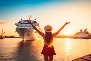 Woman with outstretched arms in front of a cruise ship at sunset, expressing excitement for a sea...