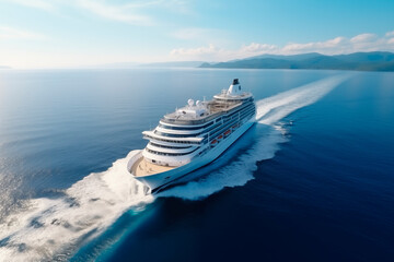 A majestic cruise ship sailing on the calm sea at sunrise