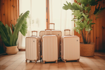 A set of modern wheeled suitcases at home, organized and ready for a contemporary travel experience. - obrazy, fototapety, plakaty