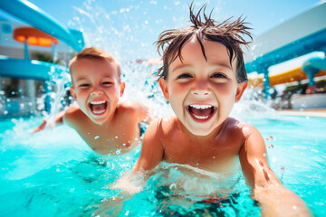 Children playing and splashing in a waterpark pool, capturing the essence of summer fun.