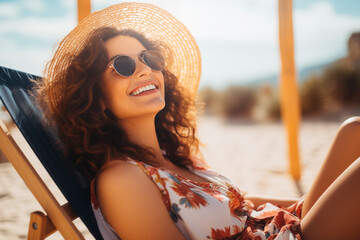 Radiant woman smiling on a beach chair, enjoying the leisure of a sandy beach at sunset. - obrazy, fototapety, plakaty